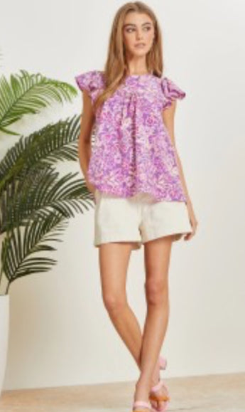 Andree Multi colored print top featuring flutter sleeves