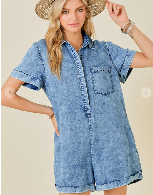 day + moon  Washed Tencel Denim Shirt Romper W With Pockets