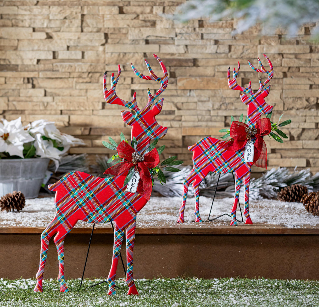 Evergreen Holiday Poinsettia Garden Statue, Metal Statue, Plaid Reindeer, 32"H,