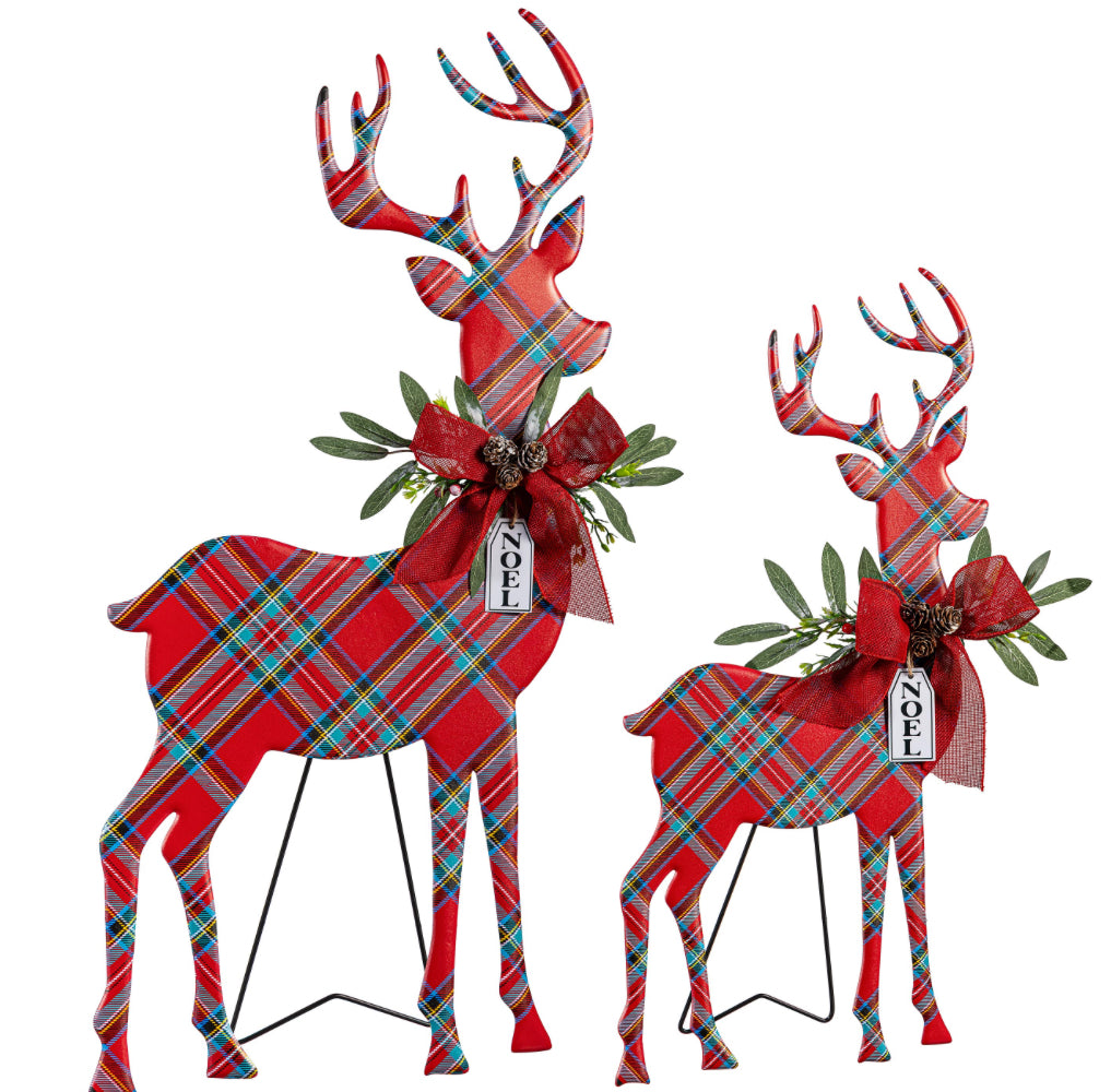 Evergreen Holiday Poinsettia Garden Statue, Metal Statue, Plaid Reindeer, 32"H,