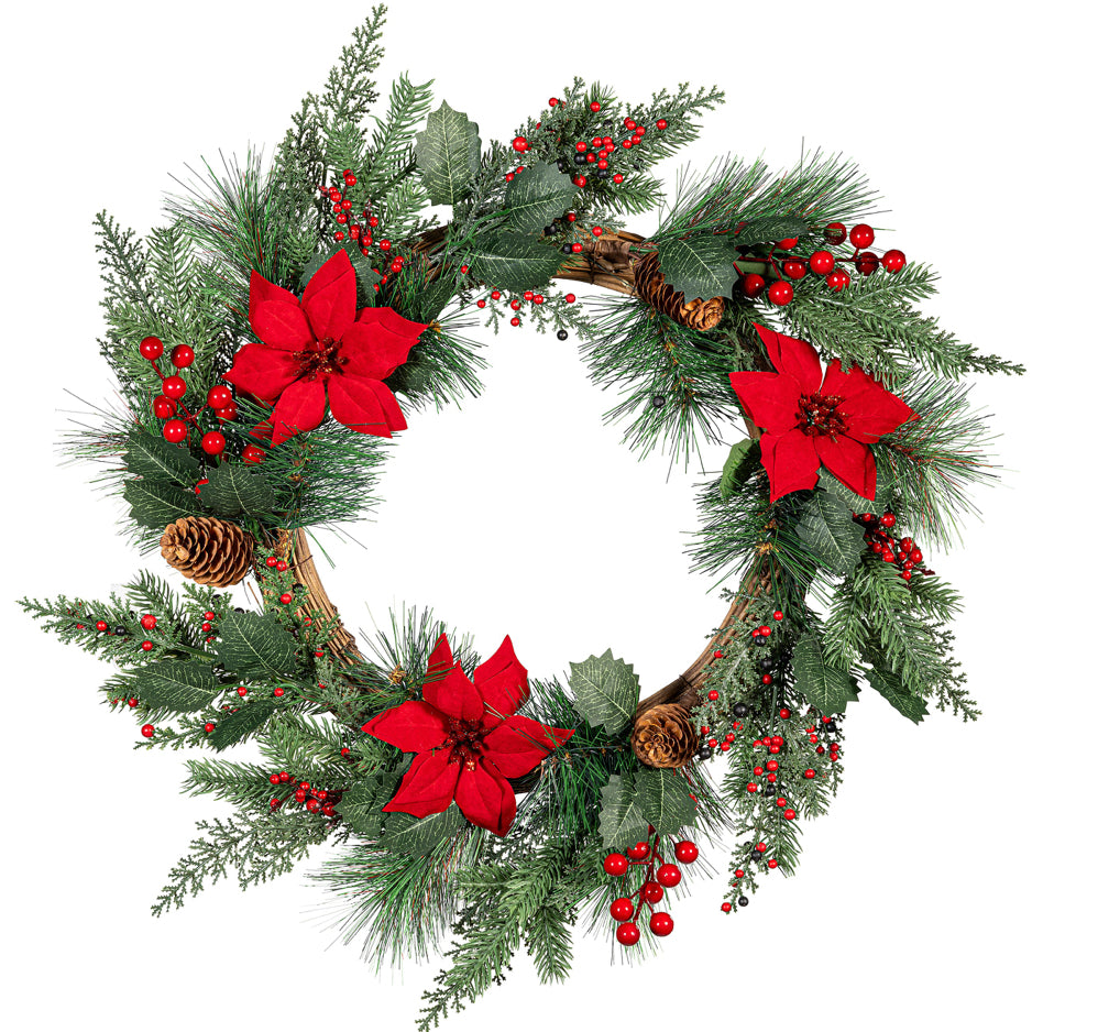 Evergreen Holiday Poinsettia Wreath Artificial with Ornaments, 20"H