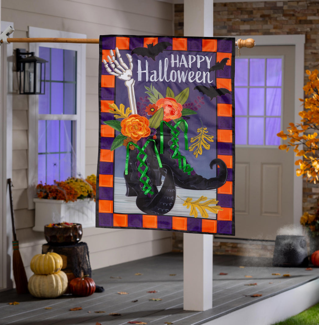 Evergreen Happy Halloween Witches Boots Applique House Flag