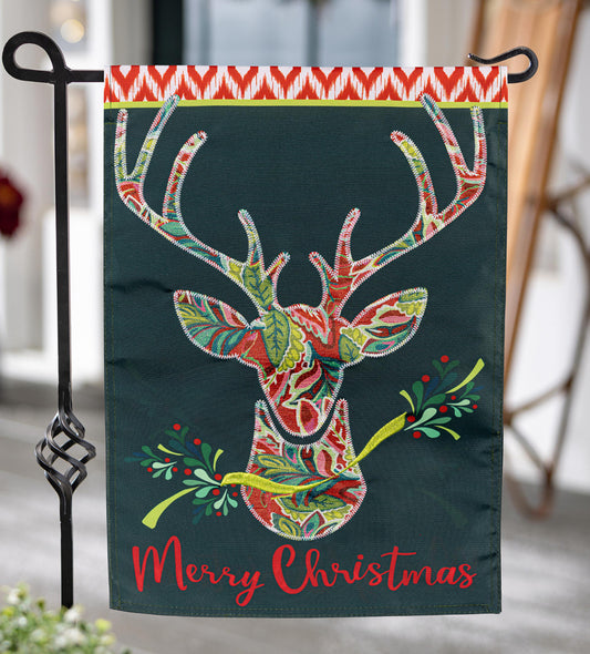 Evergreen Patterned Reindeer Applique Garden Flag  1610375