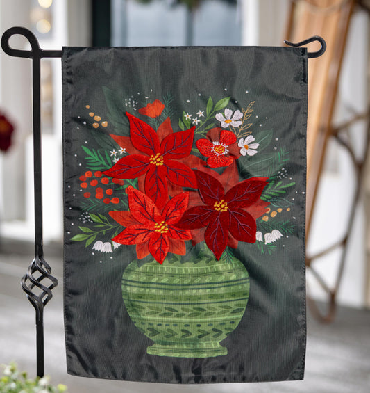 Evergeen Floral Poinsettia Vase Applique Garden Flag  1610379