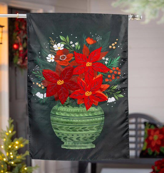 Evergreen Floral Poinsettia Vase Applique House Flag 1510379