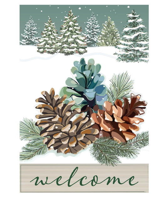 Evergreen Winter Pinecones Applique House Flag  1510393