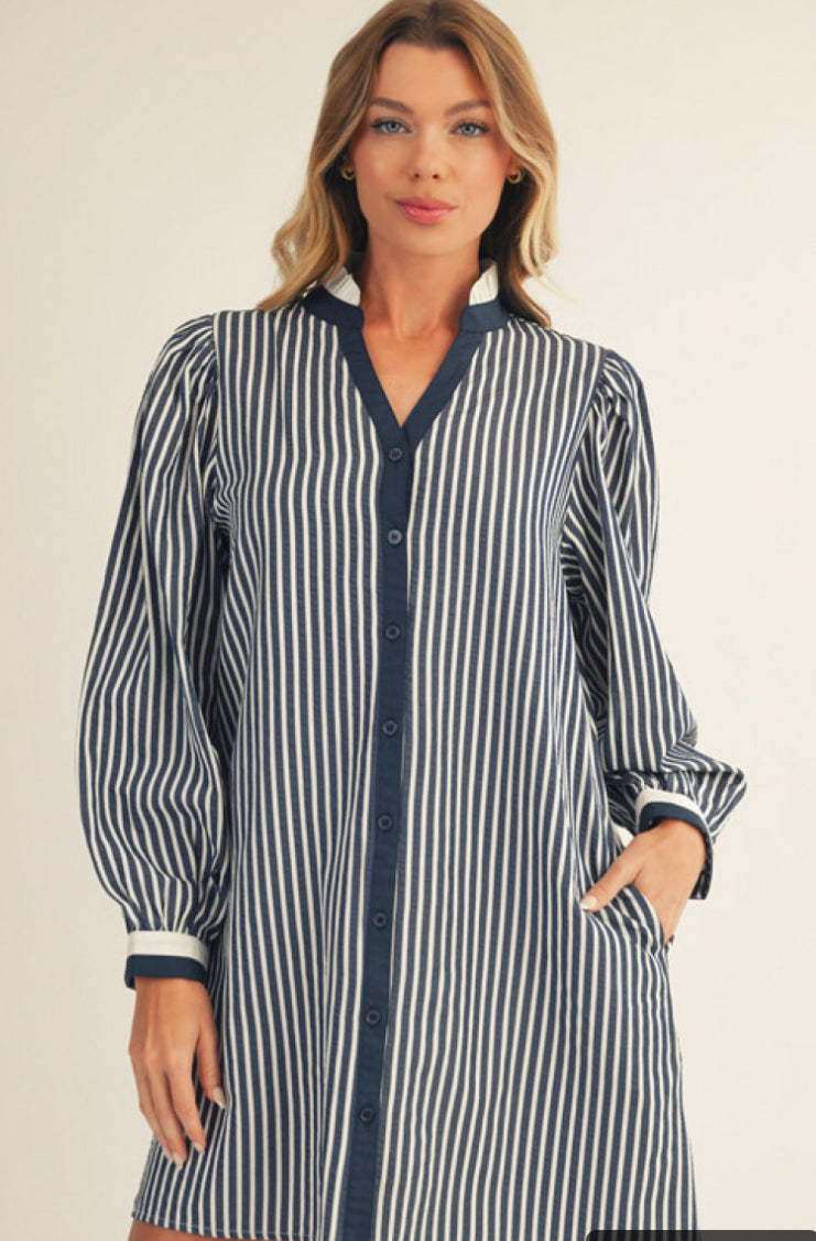 Jodifl Long puff sleeves button down stripe shift dress with pockets, solid contrast detail, ruffled neckline.