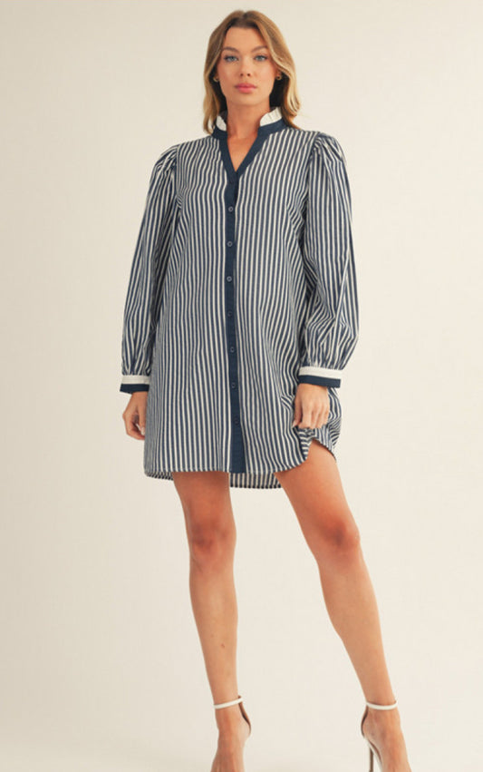 Jodifl Long puff sleeves button down stripe shift dress with pockets, solid contrast detail, ruffled neckline.