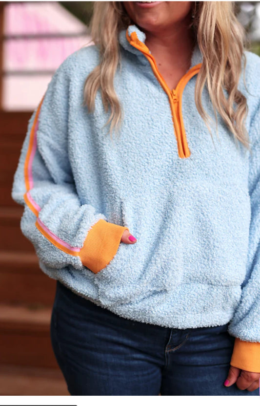 Jadelynn Brooke Around The Clock Teddy Quarter Zip Pullover (Seaside Blue)