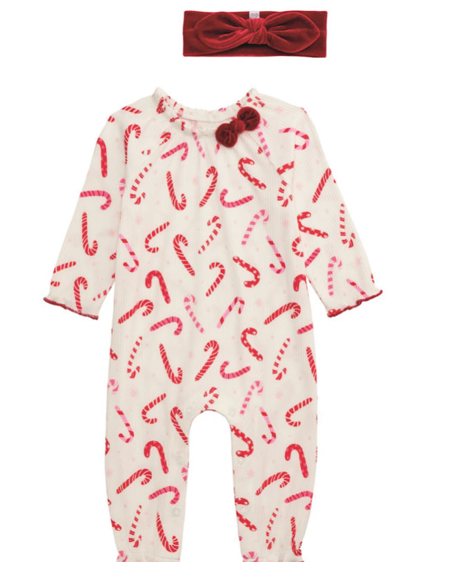 Mudpie CANDY CANE ONE-PIECE & HEADBAND SET