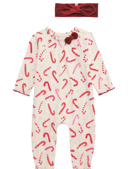 Mudpie CANDY CANE ONE-PIECE & HEADBAND SET