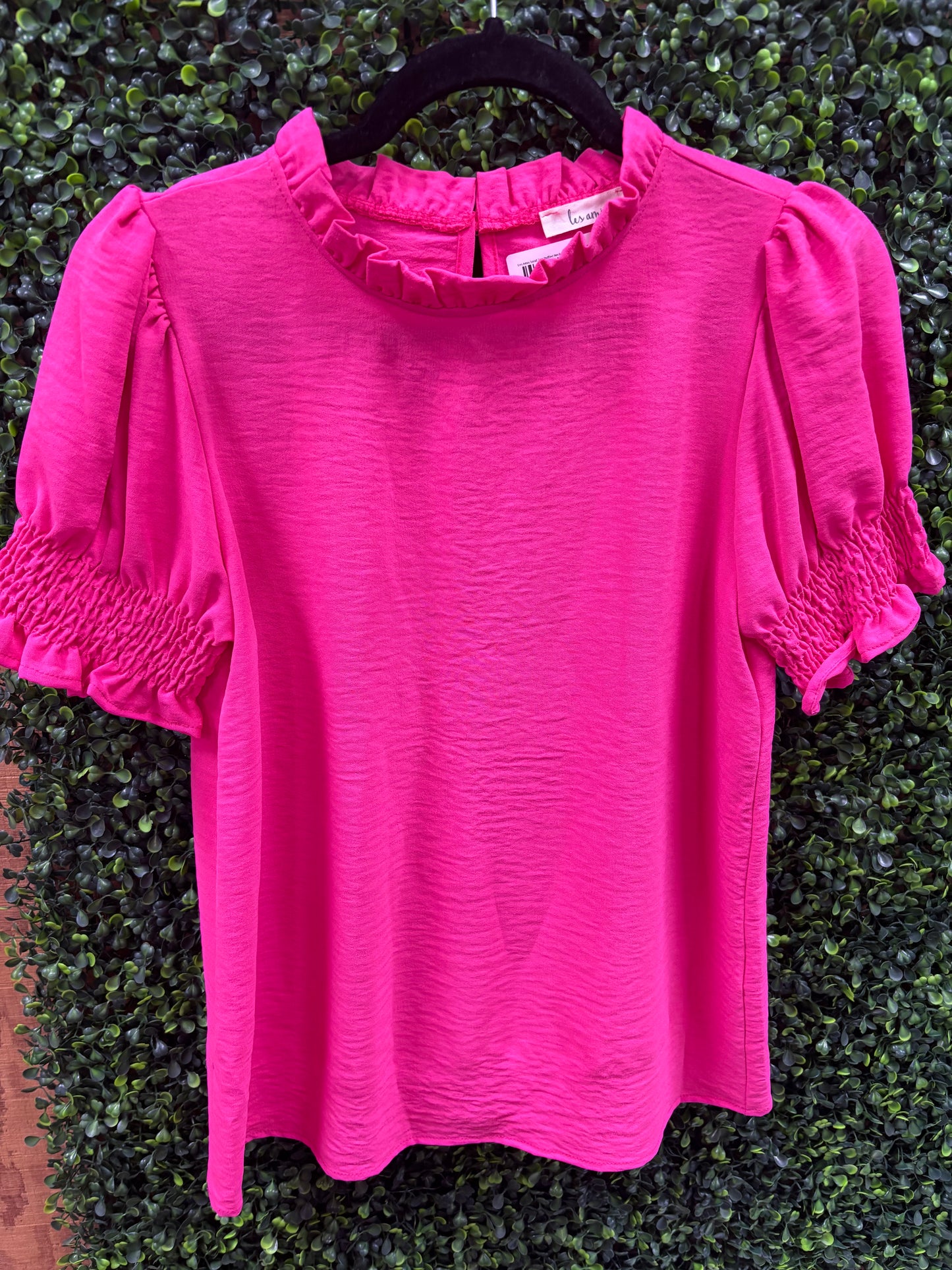 Les Amis Solid Top Ruffled Neck Detail With Smocked Sleeves  Hot Pink