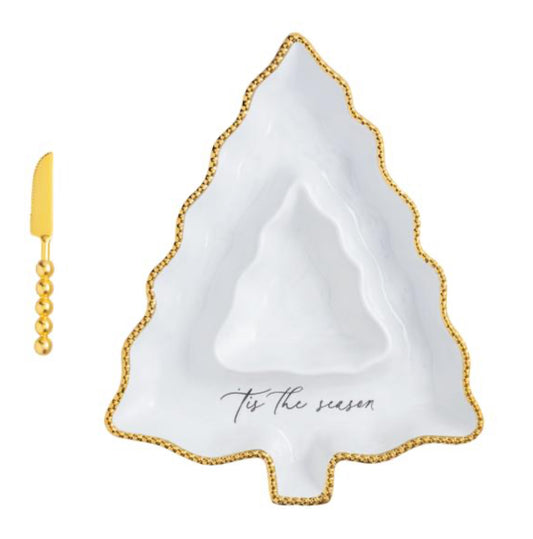 Mudpie GOLD BEADED CHRISTMAS TREE CHIP & DIP