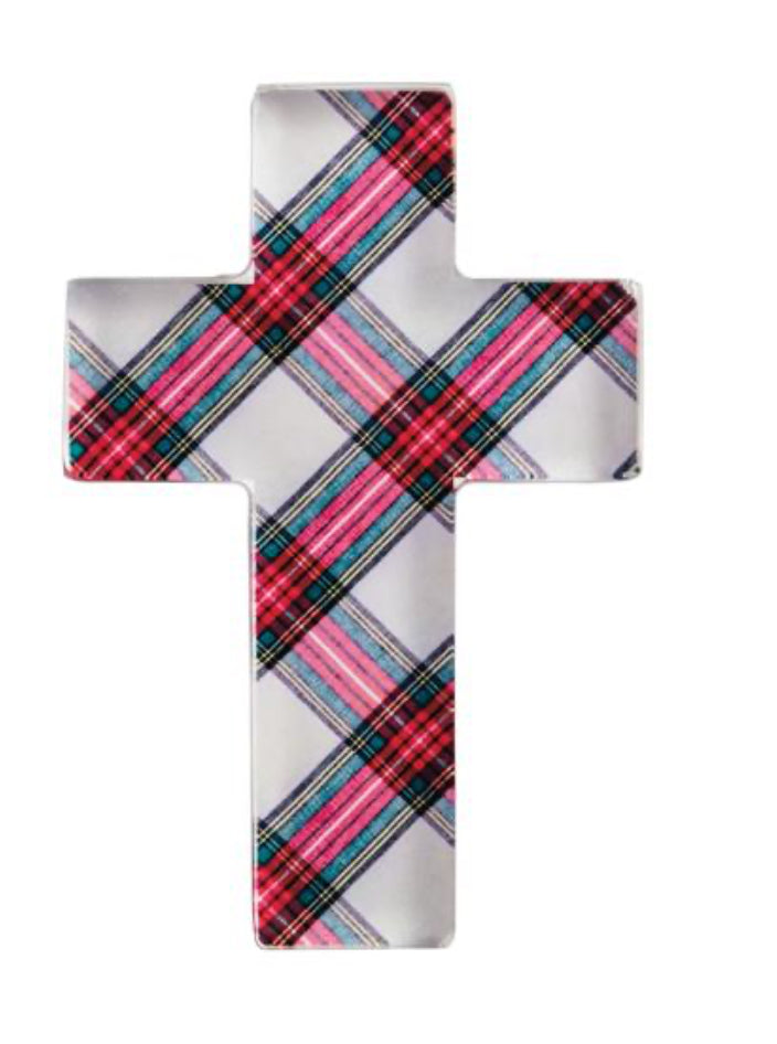 Mudpie WHITE TARTAN ACRYLIC CROSS