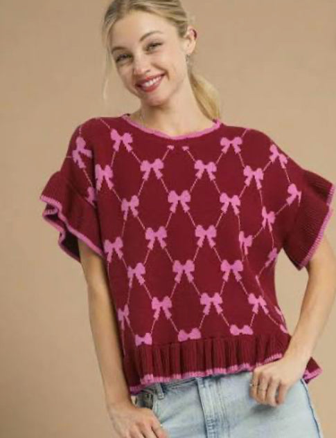 Umgee Bow Knit Ruffle Sleeve Sweater