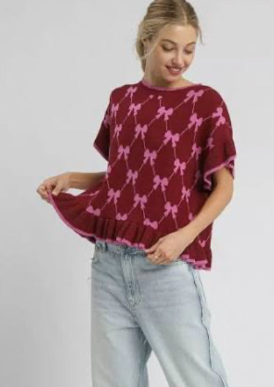 Umgee Bow Knit Ruffle Sleeve Sweater