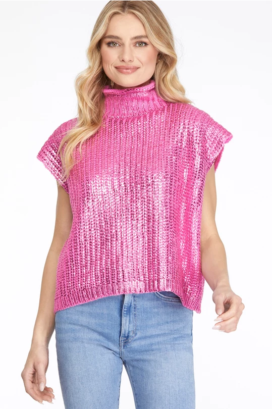 She & Sky Metallic Foil Sleeveless Turtleneck Sweater Candy Pink