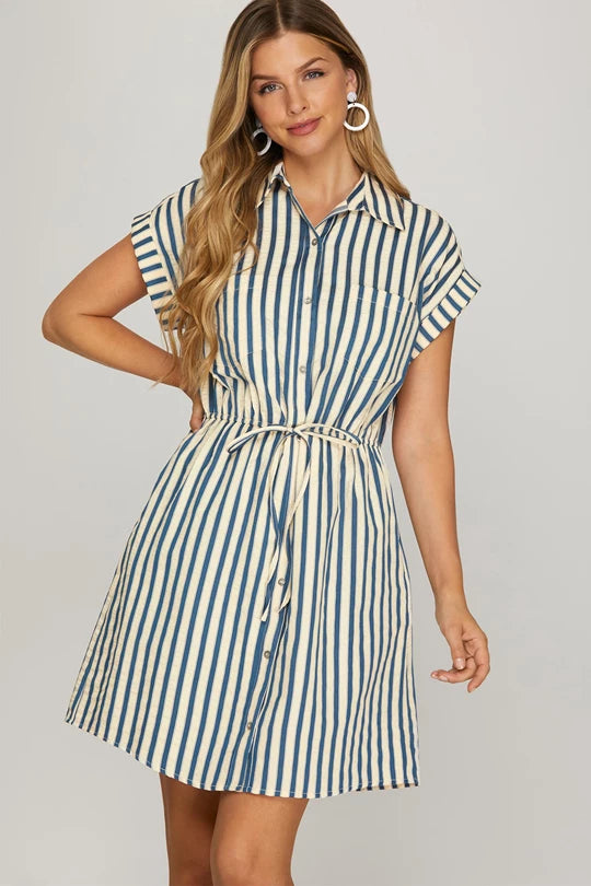She & Sky Drop Shoulder Collared Woven Stripe Mini Dress With Elastic Waistband and Pockets