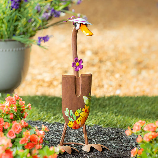 Evergreen Charming Shovel Goose Garden Statue with White Hat