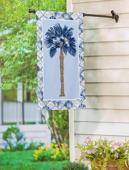 Evergreen Blue Coastal Palm Trees Double Sided Suede House Flag
