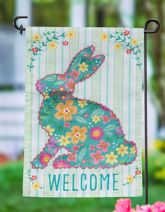 Evergreen Floral Patterned Bunny Applique Garden Flag
