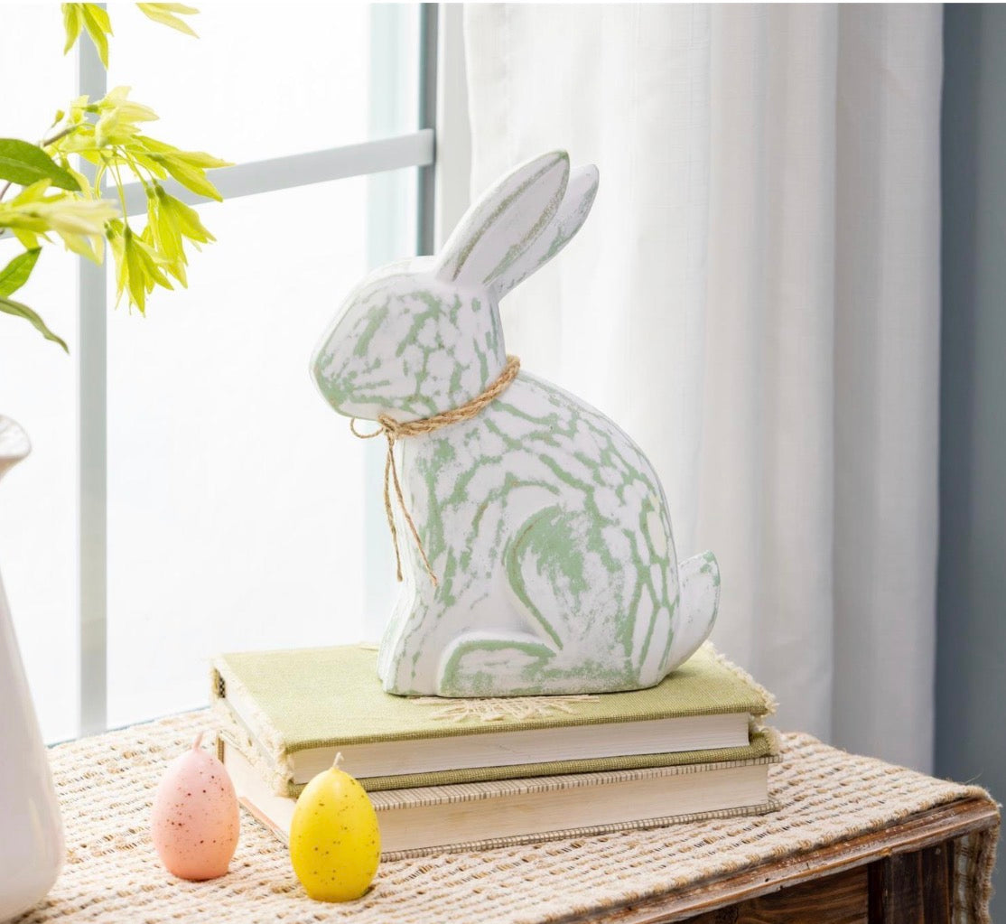 Evergreen Bunny Blooms Table Decor Wood Bunny with Bow, 10.5"H