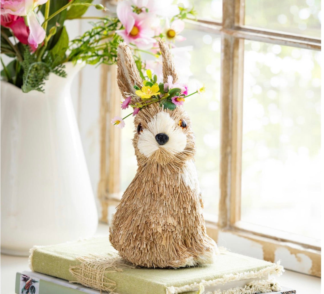 Evergreen Bunny Blooms Table Decor Natural Fiber Floral Bunny, 10"H