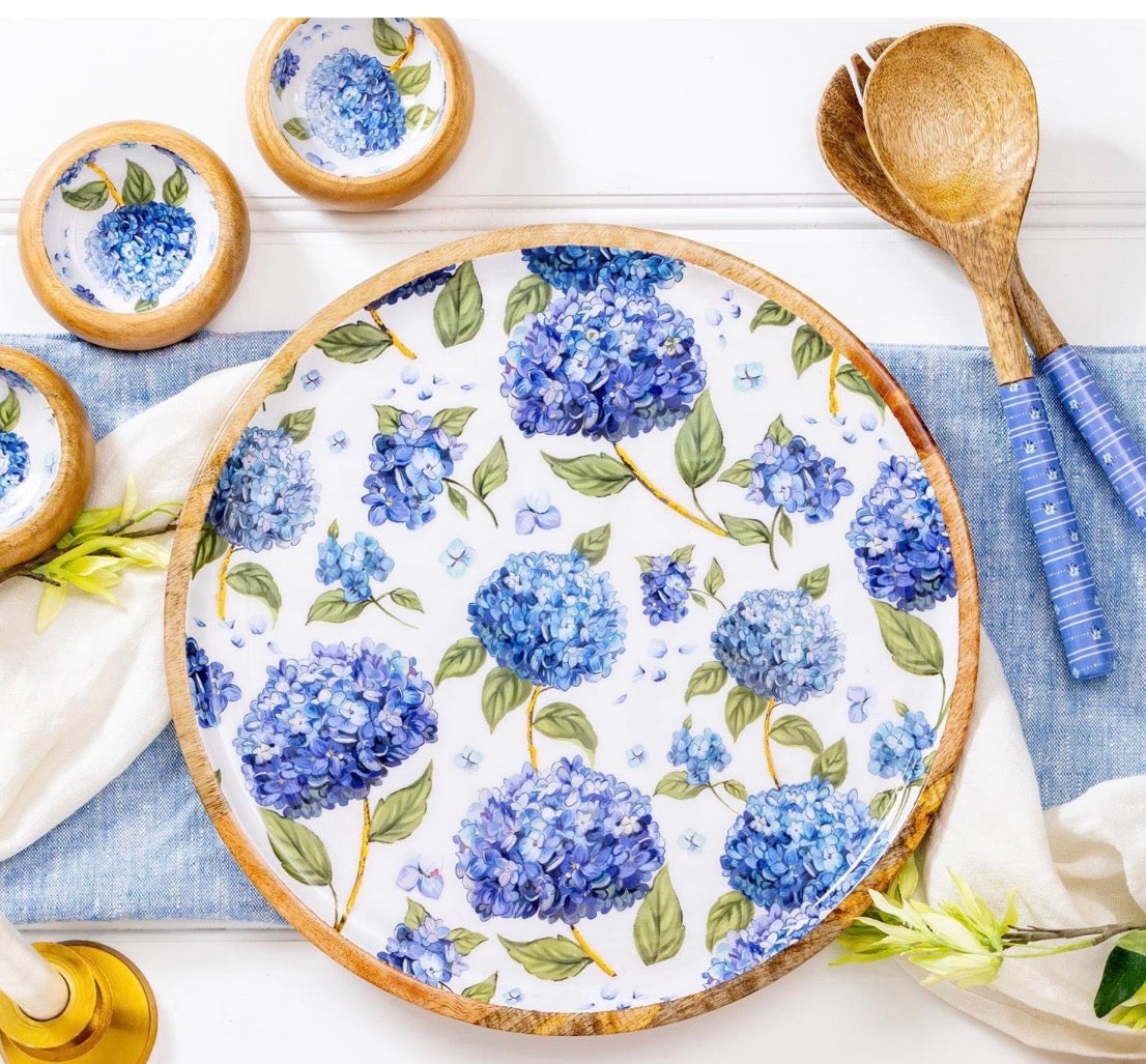 Evergreen VivaStyle Platter, Round Wood Platter, Hydrangea, 14"L