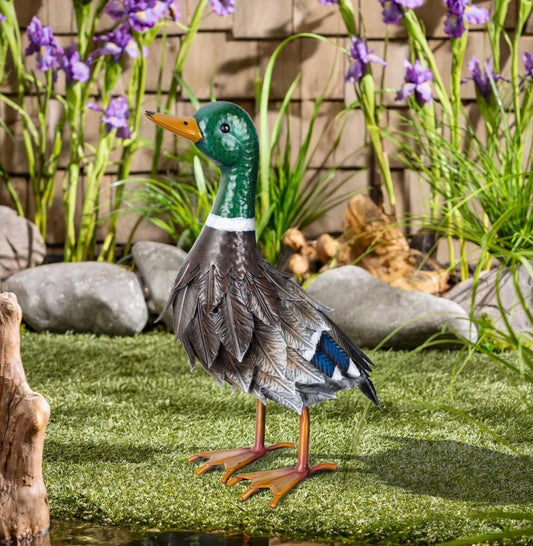Evergreen Metal Mallard Duck Garden Statue, Looking Up Pose. 16"H