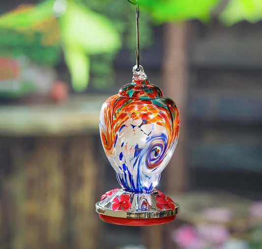 Evergreen American Classic Bird Feeder, Art Glass Swirled Glass Hummingbird Feeder