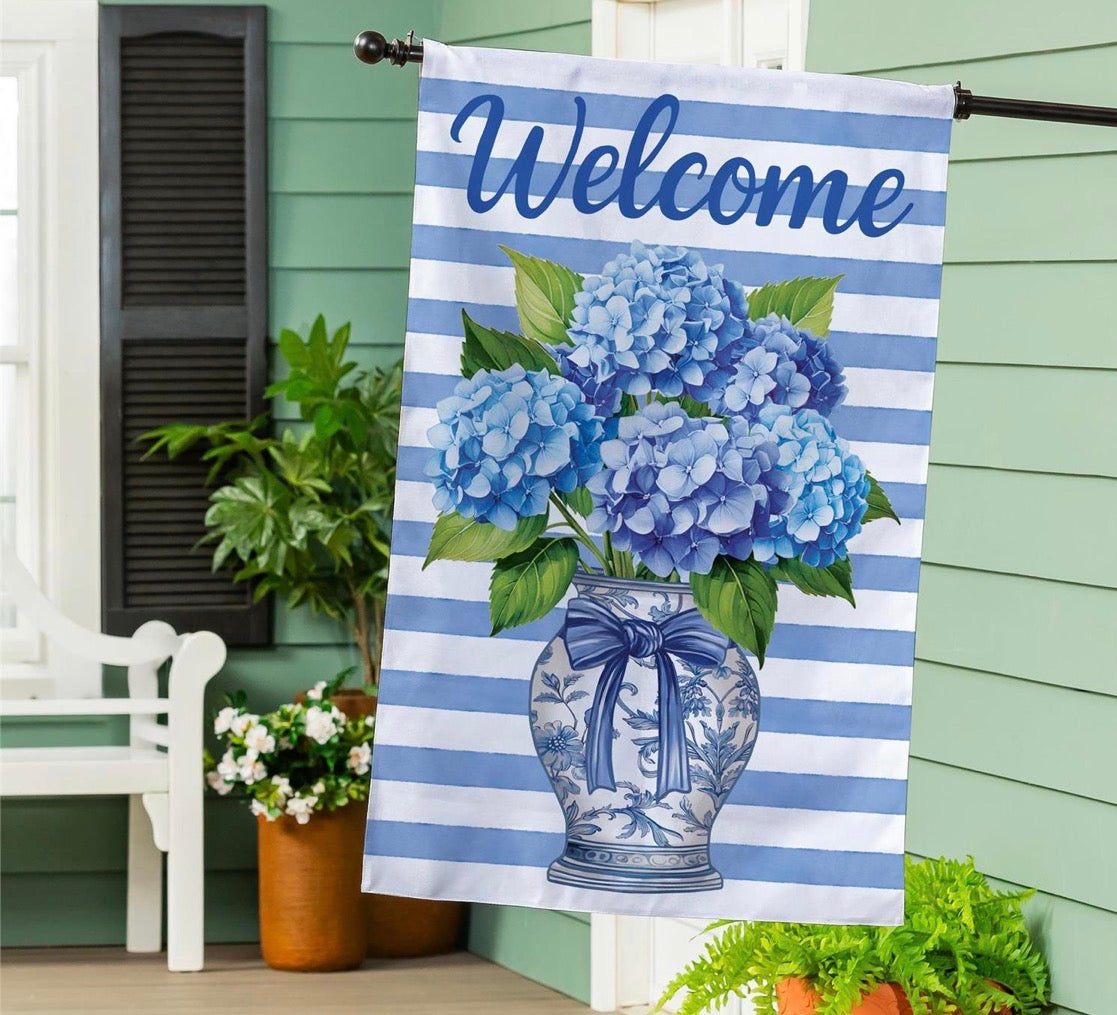 Evergreen Hydrangea Vase Burlap House Flag