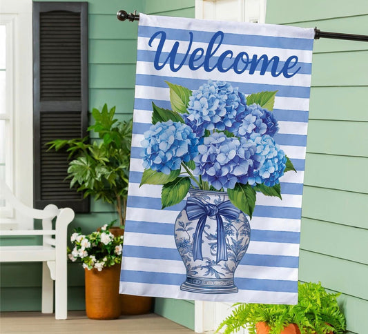 Evergreen Hydrangea Vase Burlap House Flag