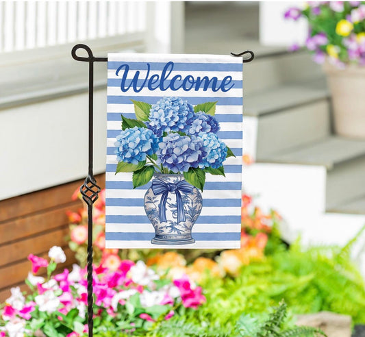 Evergreen Hydrangea Vase Burlap Garden Flag