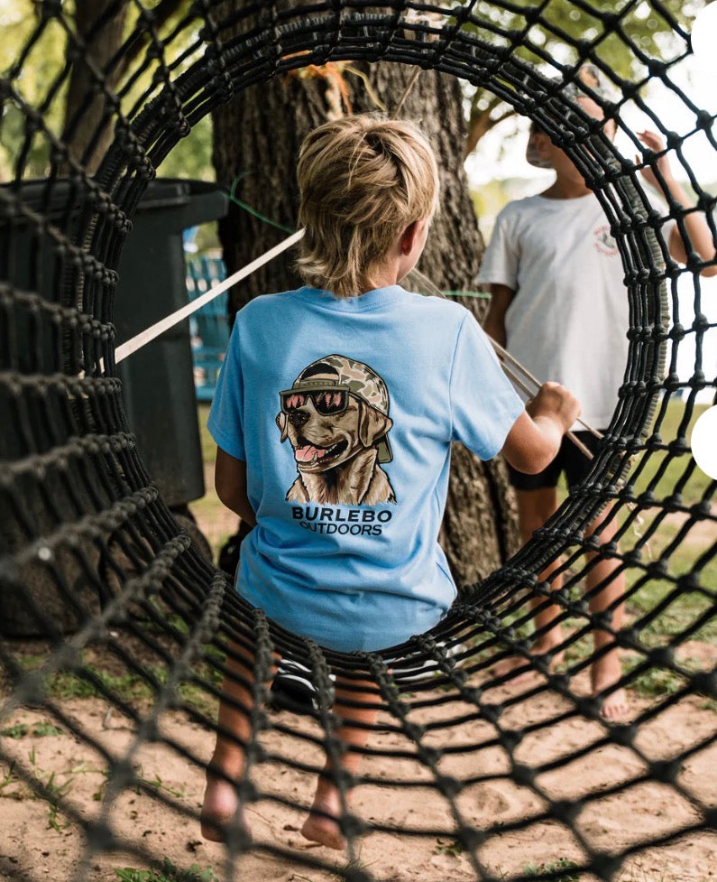 Burlebo Youth Short Sleeve Tee - Mallard Camo Dog - Periwinkle Blue
