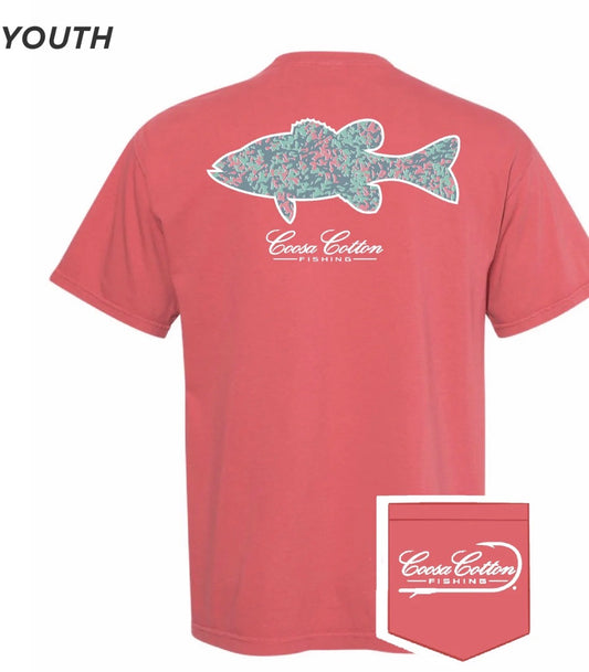 Coosa Cotton YOUTH SHORT SLEEVE POCKET TEE | TIE-DYE BASS | CORAL