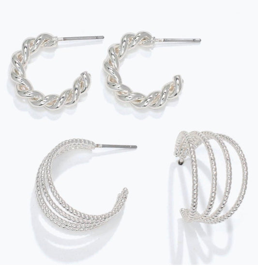 Periwinkle twisted and textured silver hoops