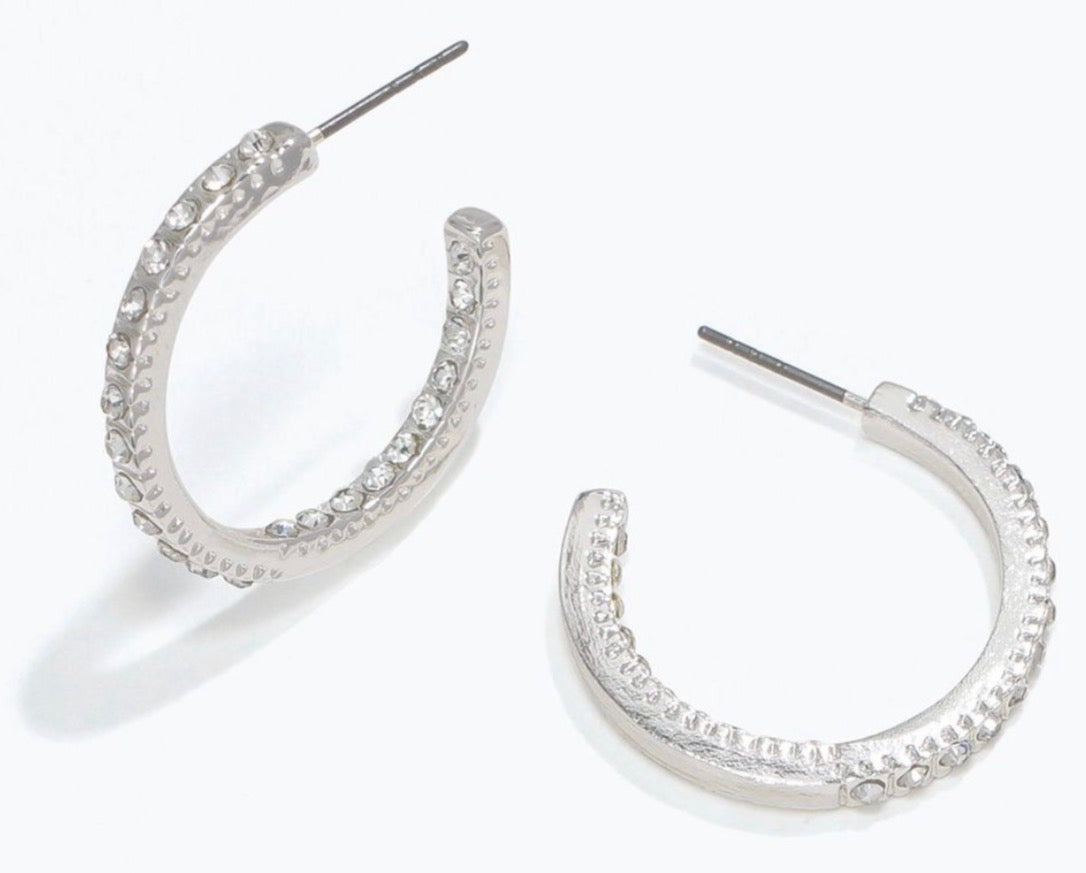 Periwinkle 1” flat silver hoops with crystal inlay