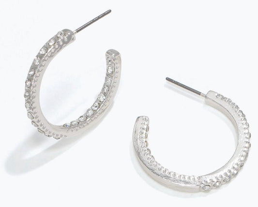 Periwinkle 1” flat silver hoops with crystal inlay