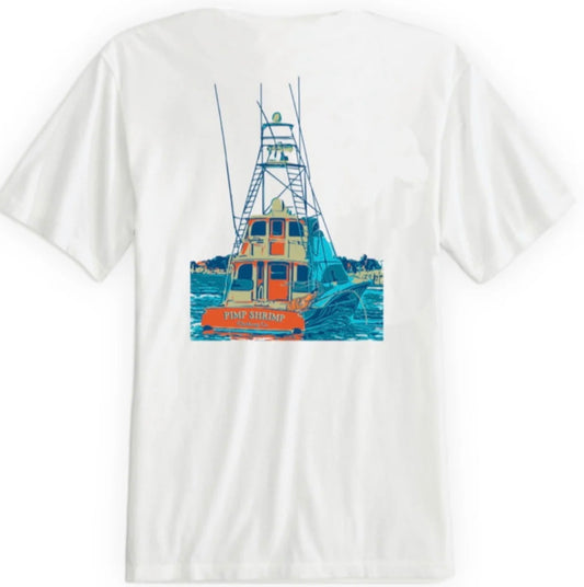 Pimp Shrimp Sportfisher Short Sleeve Pocketed T-Shirt - White