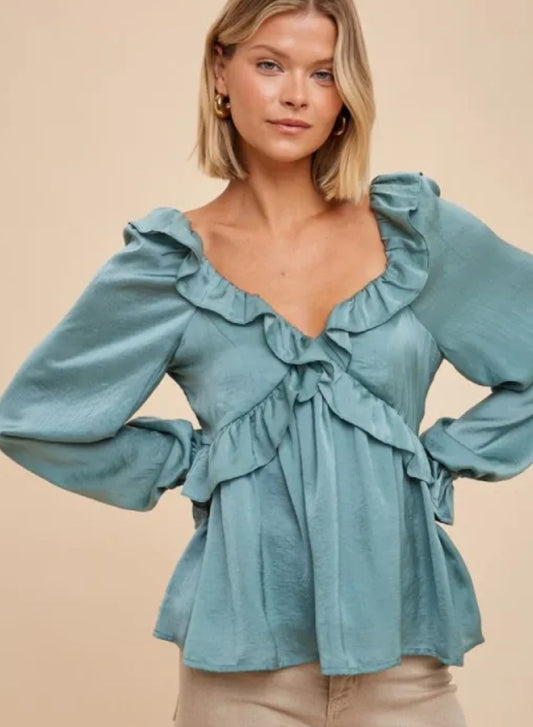 In Loom Washed Satin Cross Ruffled Long Sleeve Blouse Dark Sage