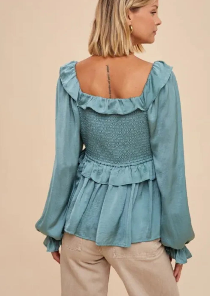 In Loom Washed Satin Cross Ruffled Long Sleeve Blouse Dark Sage