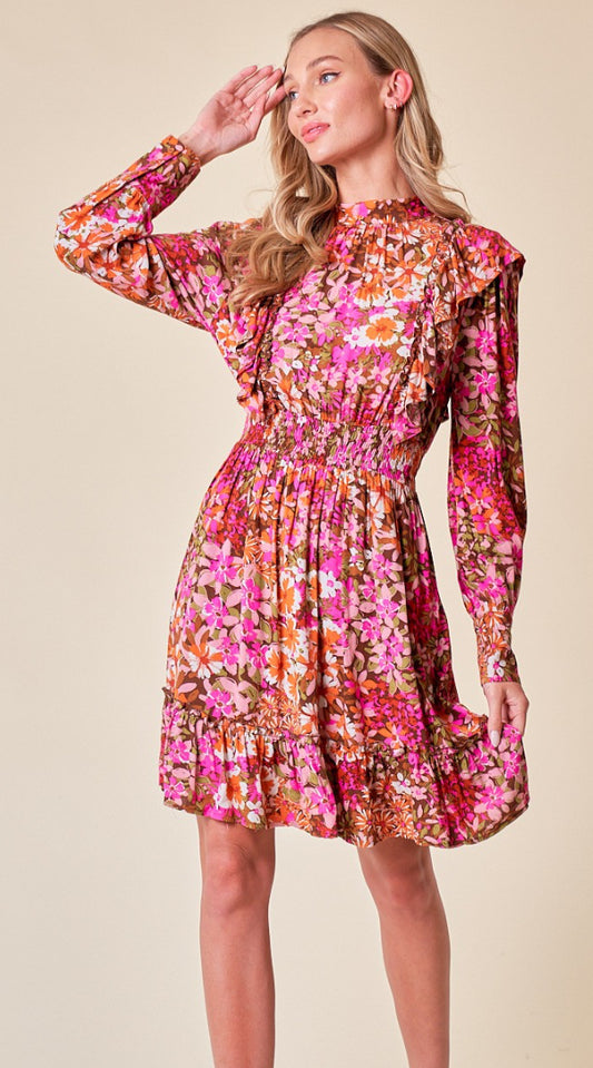 Doe And Rae Pink Ruffle Floral Dress