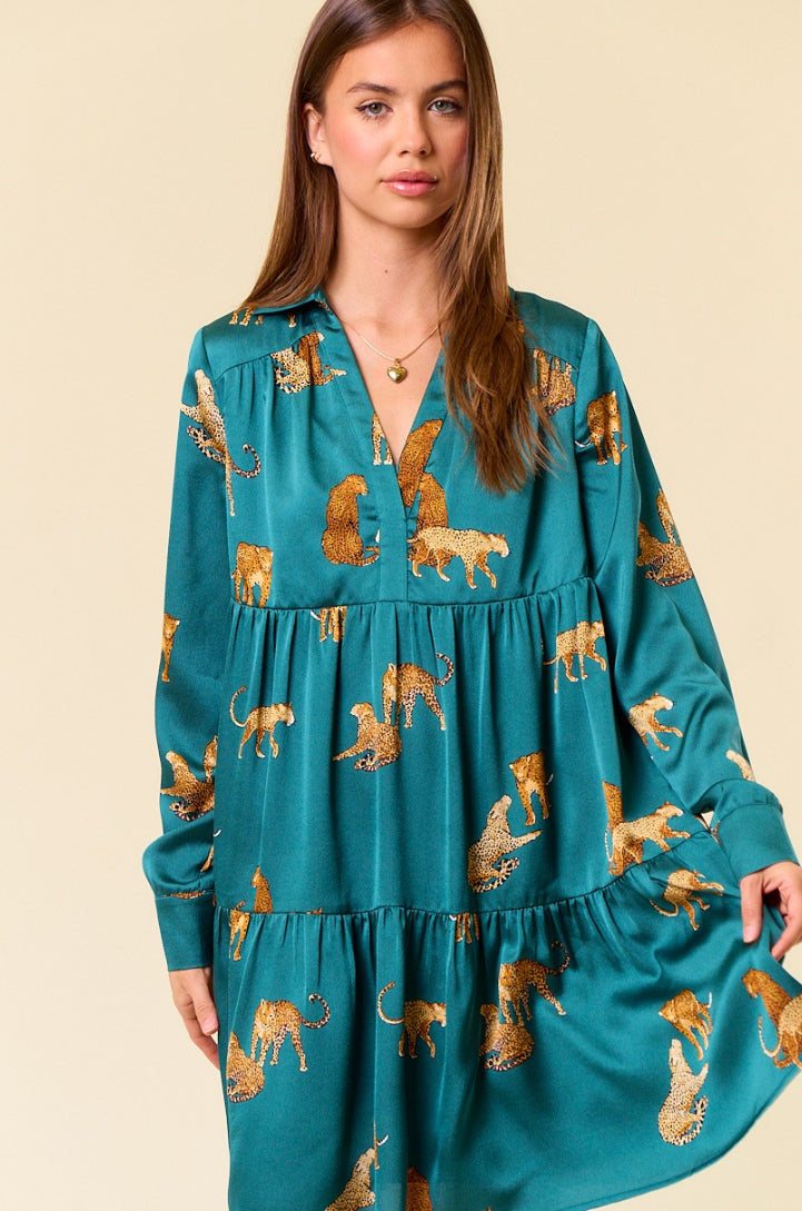 Doe and Rae Animal Printed Satin Tiered Mini Dress Hunter Green