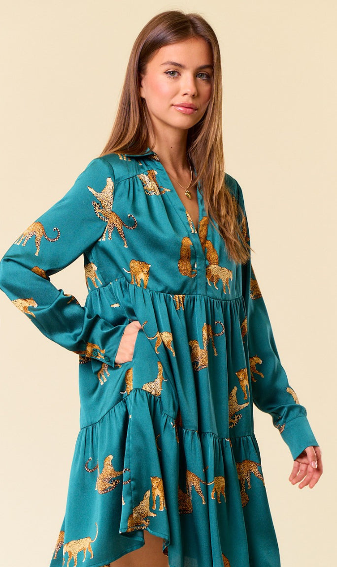 Doe and Rae Animal Printed Satin Tiered Mini Dress Hunter Green