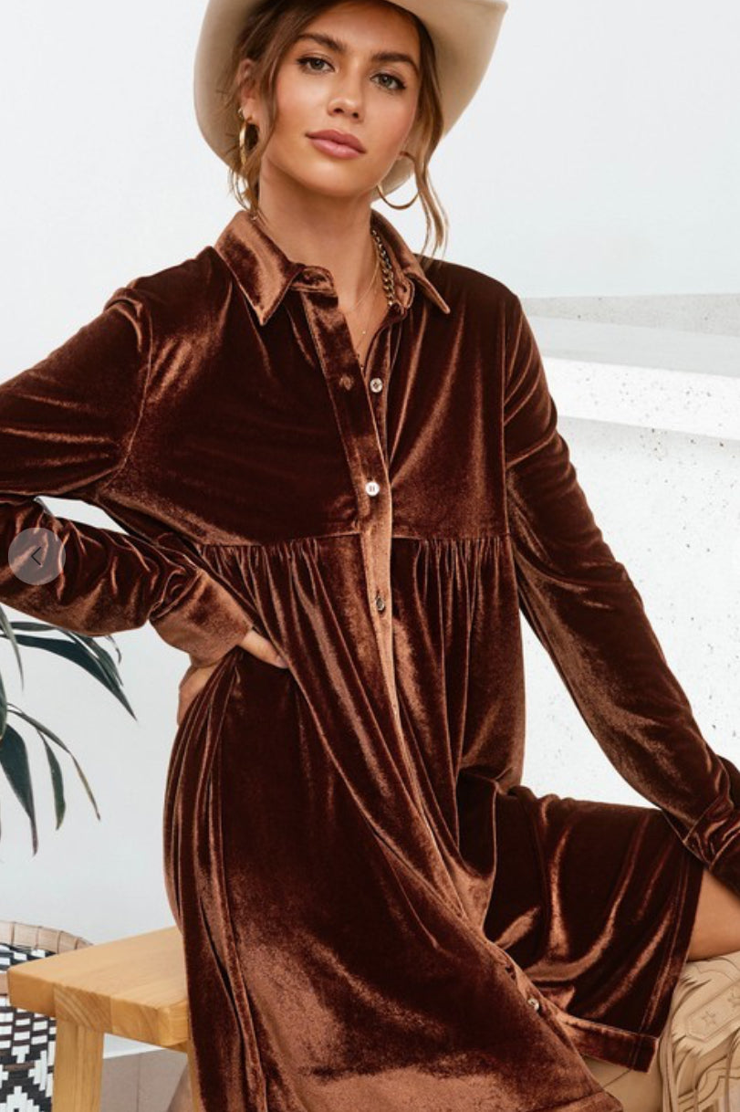 La Miel Button Front Soft Velvet Mini Dress Smoked Topaz