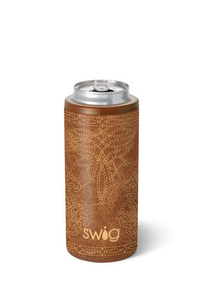 Swig Saddle Stitch Cognac Skinny Can Cooler 12oz