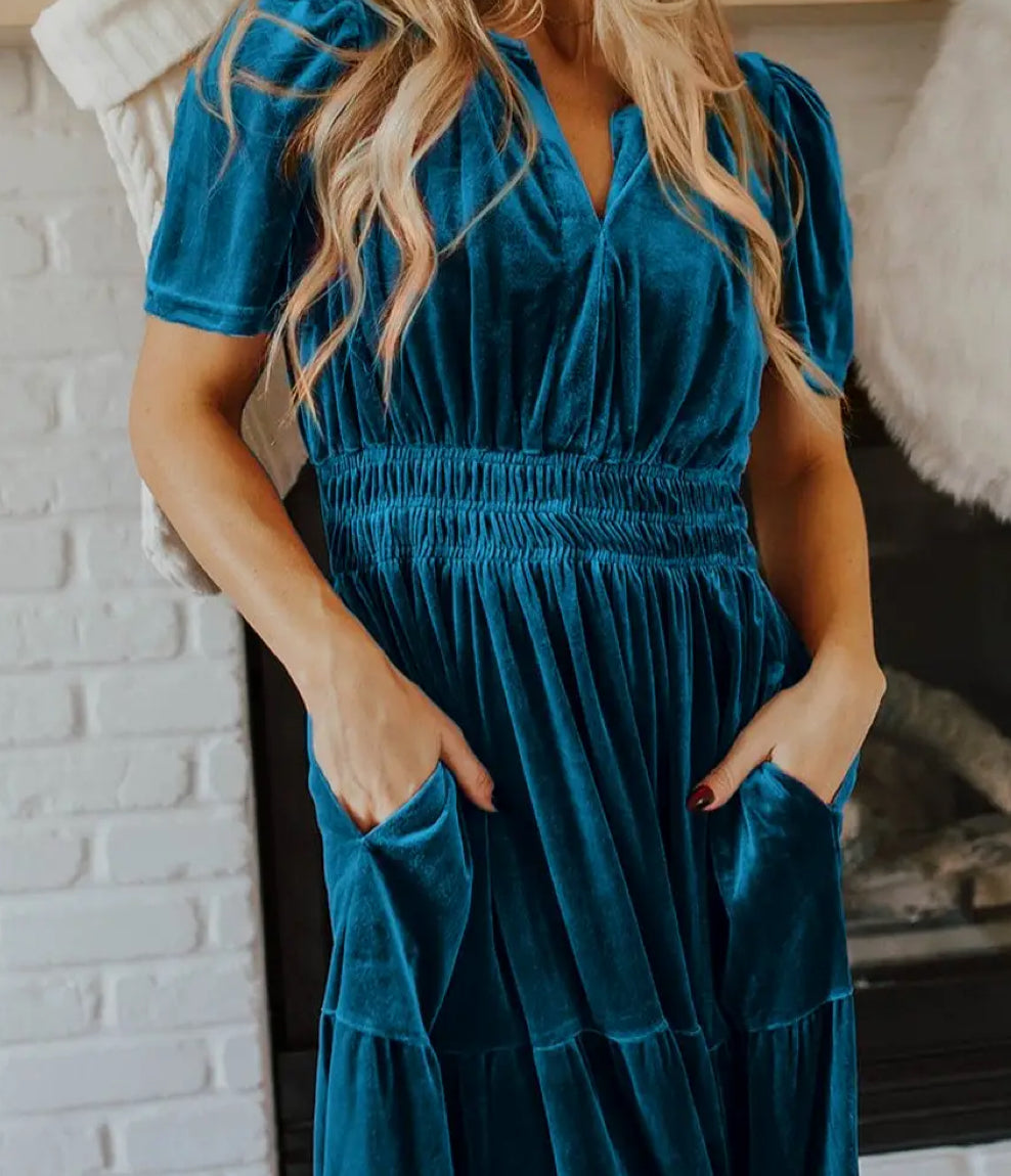 Faire Velvet Shirred Waist Maxi Dress | Prussian Blue