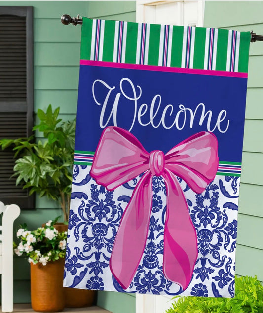 Evergreen Welcome Bow Chinoiserie House Flag