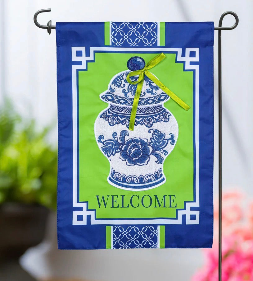 Evergreen Chinoiserie Welcome Applique Garden Flag