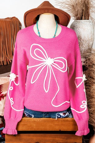 Fashion Works Valentine Corded Flower Bow Ribbed Trim Sweater
